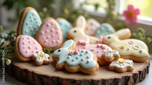 Rustic tray of Easter cookies shaped like bunnies, eggs, and flowers, decorated with pastel icing. A charming and festive design for recipe cards, product photography, or holiday promotions. photo