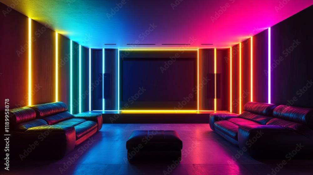 Futuristic home theater setup with architectural LED light bars framing the space in perfect symmetry, programmed to display a synchronized rainbow pattern, captured with long exposure to show the Futuristic home theater setup with architectural LED light bars framing the space in perfect symmetry, programmed to display a synchronized rainbow pattern, captured with long exposure to show the