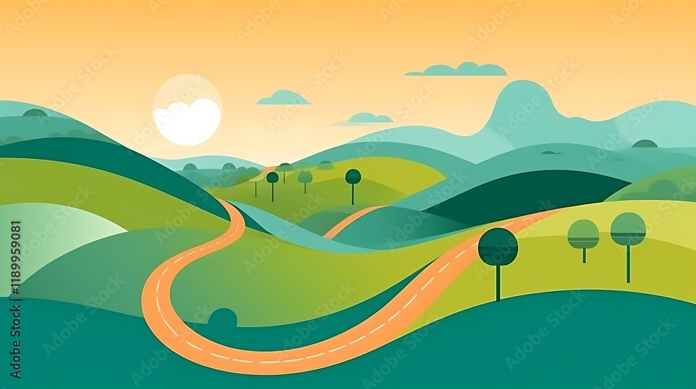Obraz premium Winding Road Through Rolling Green Hills Under a Sunny Sky