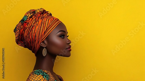 Elegant African woman in vibrant traditional dress and head wrap, perfect for Black History Month celebrations, cultural events, and heritage designs. photo