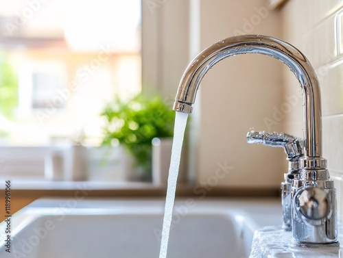 Kitchen faucet running water, bright window background, clean sink photo