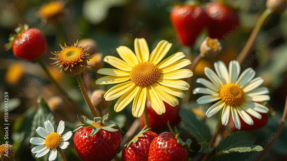 Camomile and Wild Strawberry Bloom, Colorful Botanical Art, High Resolution Photo Camomile and Wild Strawberry Bloom, Colorful Botanical Art, High Resolution Photo