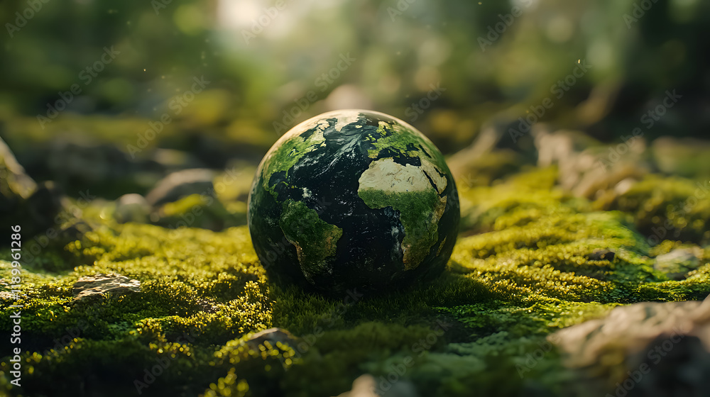 A green globe resting on moss, representing environmental awareness. A green globe resting on moss, representing environmental awareness.