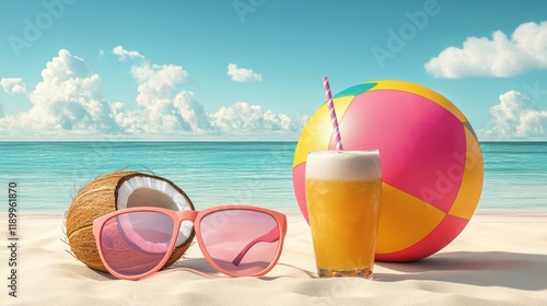 Sunny beach scene with coconut, sunglasses, juice, and beach ball.