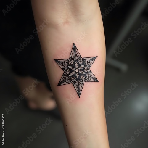 Intricate Mandala Star Tattoo on Forearm photo