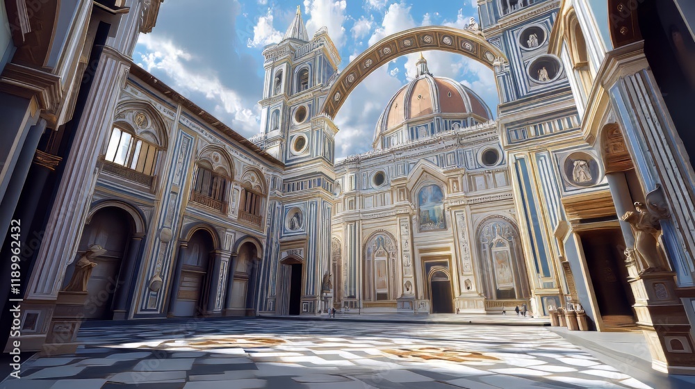 Grand cathedral courtyard in sunlight Grand cathedral courtyard in sunlight