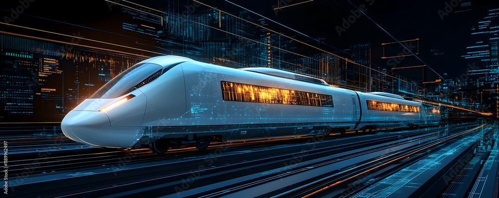 Fototapeta premium Futuristic high-speed train data city travel