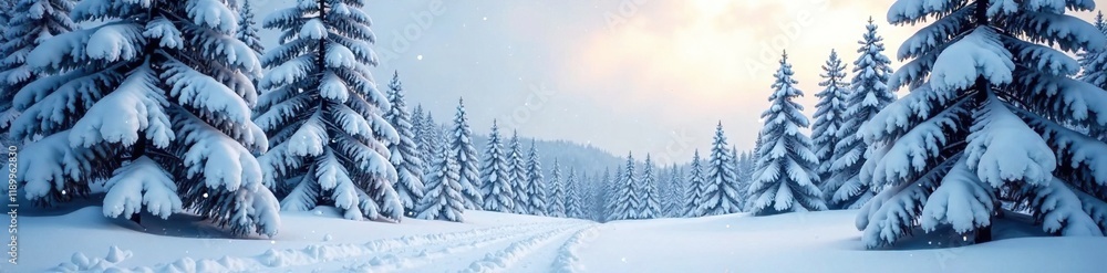 Naklejka premium Winter landscape with snow-covered pine trees, snow fall, winter forest