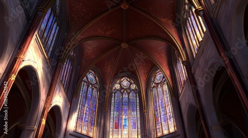 Stained glass chapel interior sunlight