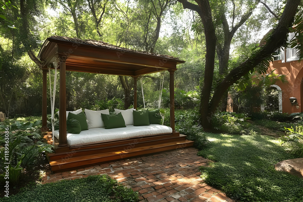 Garden Daybed Swing, Lush Foliage, Brick Path, Relaxation Garden Daybed Swing, Lush Foliage, Brick Path, Relaxation