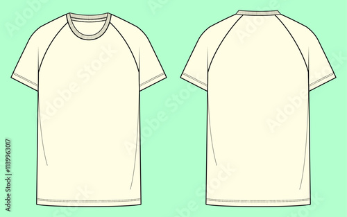 Ladies raglan sleeve crew neck t-shirt flat sketch, outline, CAD, clothing mockup.