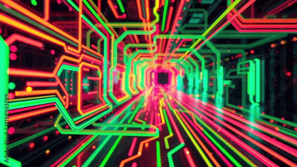 Fototapeta premium Electric Neon Circuit Board Abstract - Glowing Pathways - High Definition Art