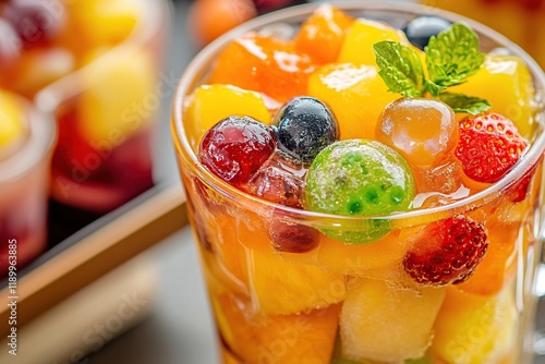 Refreshing Fruit Salad with Cubes of Summer Citrus, Berries, and Mint Garnish