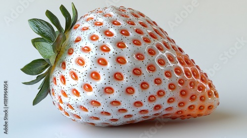 Close-up of a single, ripe white strawberry with green leaves against a bright background. photo