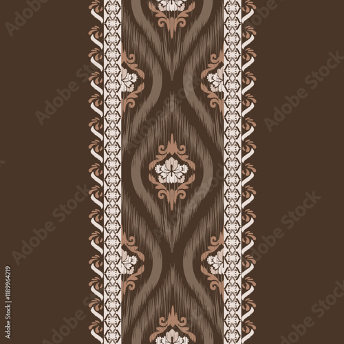 Ikat seamless floral pattern on brown tonevintage style  , Motif ethnic  floral seamless textil,  embroidery, print striped ornament floral, pattern, design for wrapping, silk, scarf, background, text