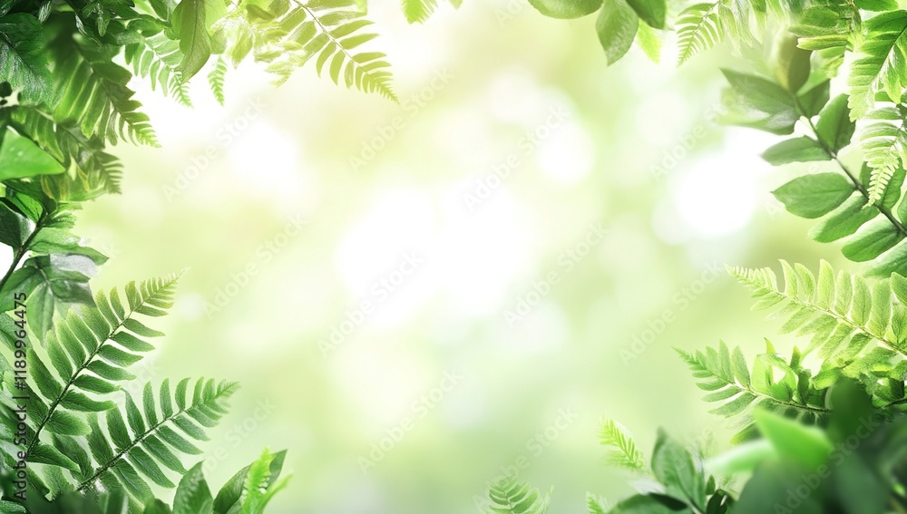 Vibrant Green Ferns and Leaves Frame a Sunny Background, Showing Nature's Beauty Brilliantly Vibrant Green Ferns and Leaves Frame a Sunny Background, Showing Nature's Beauty Brilliantly