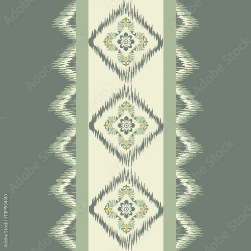 Ikat seamless floral pattern on green style  , Motif ethnic  floral seamless textil,  embroidery, print striped ornament floral, pattern, design for wrapping, silk, scarf, background, text