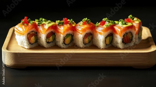 Delicious salmon sushi rolls with avocado, tobiko, and creamy sauce on wooden plate. photo