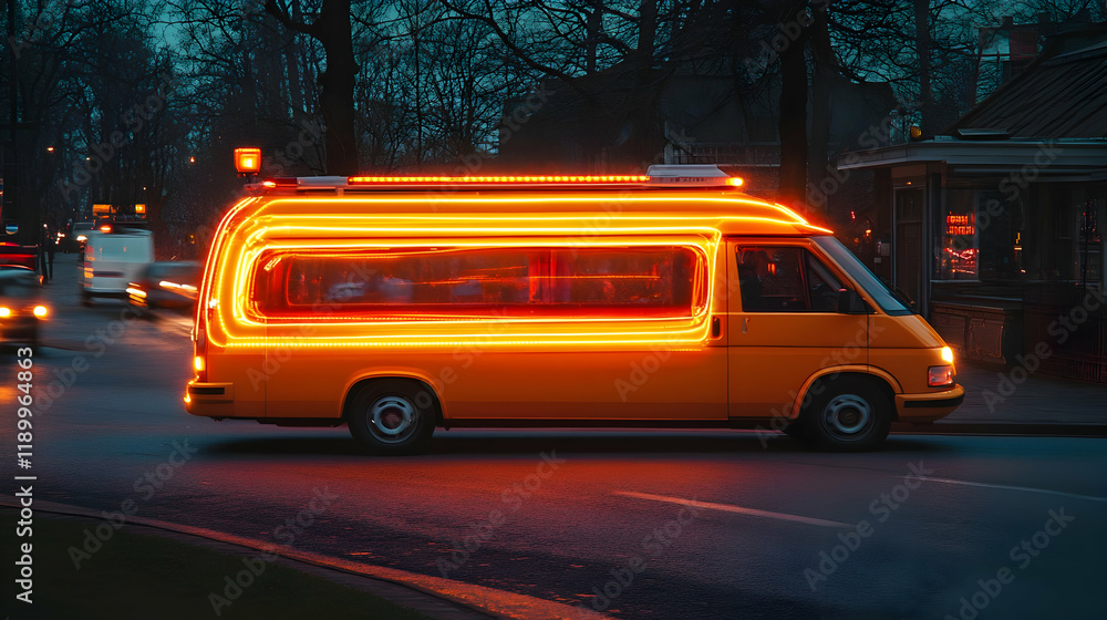 Fototapeta premium Illuminated van driving city night, blurred background