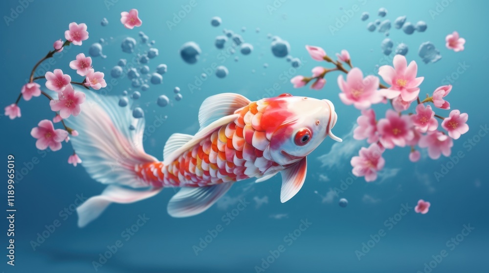 Fototapeta premium Koi Fish Gracefully Swimming Amidst Cherry Blossoms in Serene Aquatic Realm