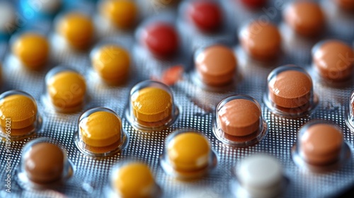 Close-up of Colorful Pills in Blister Pack: Pharmaceutical Medicine photo