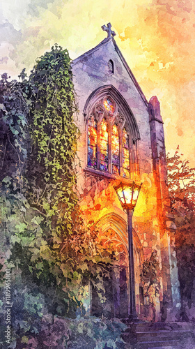 A vibrant and dramatic watercolor painting depicting a stained-glass window illustrating the resurrection of Jesus Christ. The artwork showcases bold colors and intricate patterns,