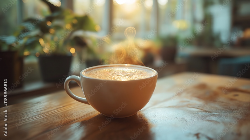Cup of coffee with smoke, steaming hot on a table Cup of coffee with smoke, steaming hot on a table