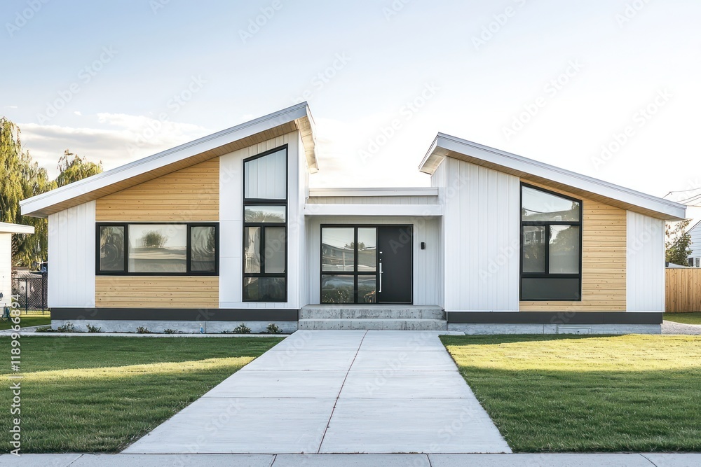 Light wood home with a minimalist driveway in a serene neighborhood. Light wood home with a minimalist driveway in a serene neighborhood.