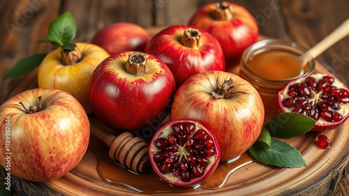 Rosh Hashanah Apples Pomegranates Honey - Festive Food Still Life photo