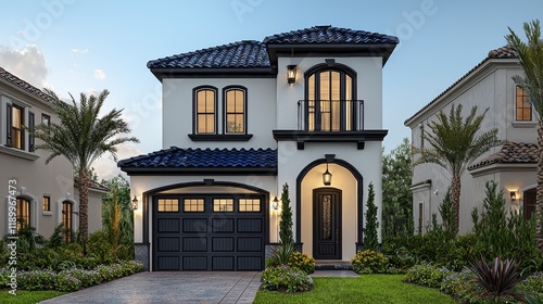 Wallpaper Mural Two-story Mediterranean style house with dark trim, blue roof tiles, and palm trees. Torontodigital.ca