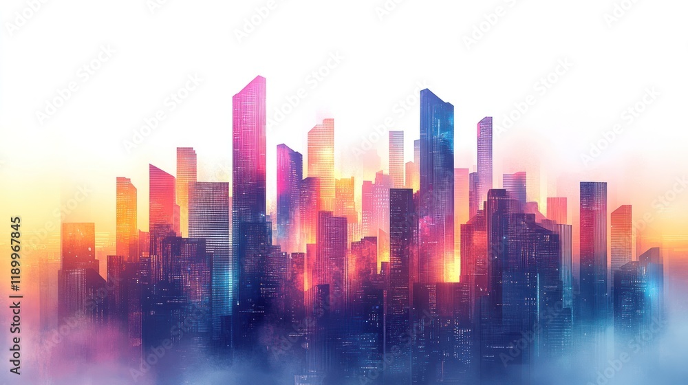 Vibrant cityscape at sunrise, modern architecture, colorful buildings, fog. Vibrant cityscape at sunrise, modern architecture, colorful buildings, fog.