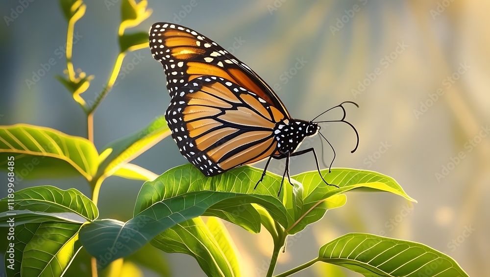 Fototapeta premium Monarch Butterfly Resting on Lush Green Foliage