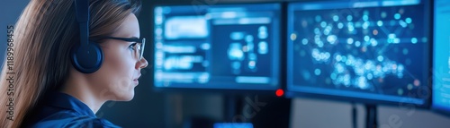 Wallpaper Mural Focused woman with headphones working on computer, online learning or remote work Torontodigital.ca