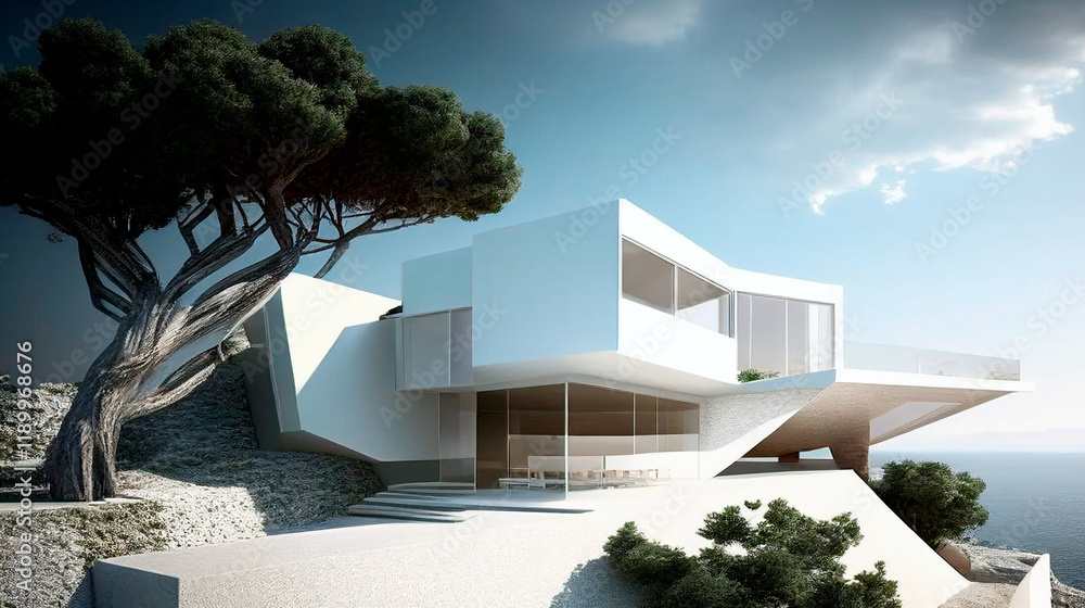 Obraz premium The project of a modern luxury house located on a cliff by the sea with large windows and an infinity pool