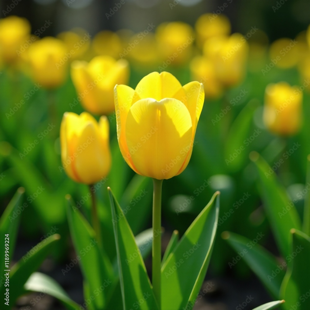 Yellow tulip peeking out from green foliage layer, flowers, spring Yellow tulip peeking out from green foliage layer, flowers, spring