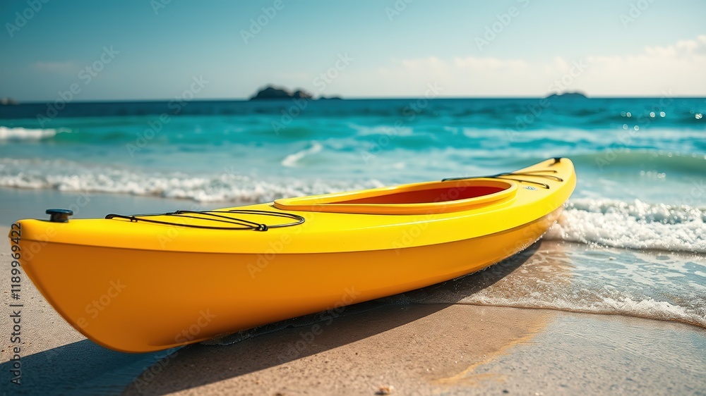 Yellow Kayak Seashore Sunny Day AI Photo, Coastal Adventure, Ocean Serenity Yellow Kayak Seashore Sunny Day AI Photo, Coastal Adventure, Ocean Serenity