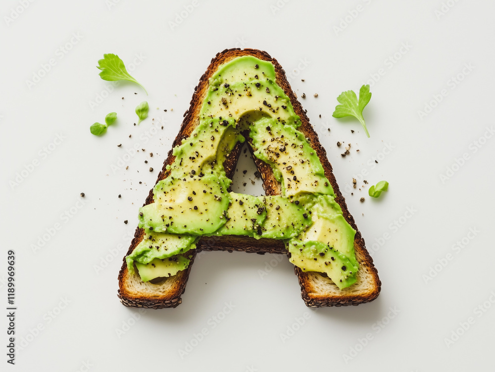 custom made wallpaper toronto digitala capital letter A made of a avocado toast with black pepper on top. Minimalistic design on a plain white background.