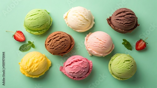 Ice cream balls of different flavors on green background decorated with pieces of strawberry and leaves. several ice cream scoops.
