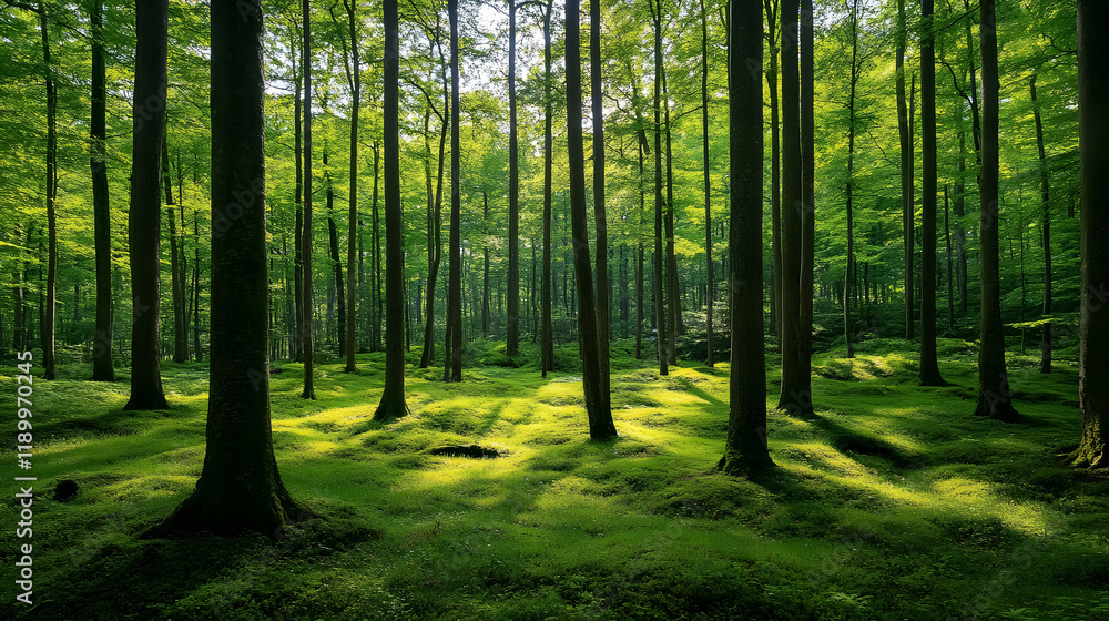 A summer panorama of a green forest captivates the viewer. A summer panorama of a green forest captivates the viewer.