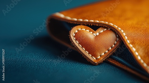 A close-up of a handmade brown leather wallet featuring a heart-shaped design, showcasing craftsmanship and detail against a blue background.