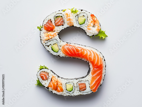 A capital letter S formed from sushi. minimalistic design on a plain white background.  photo