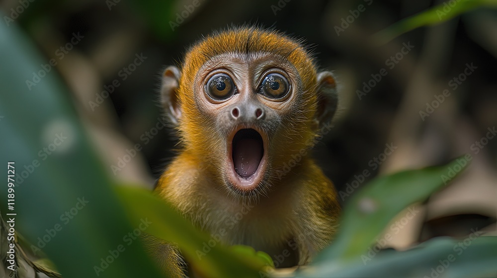 Fototapeta premium A surprised monkey with wide eyes, surrounded by lush green foliage.