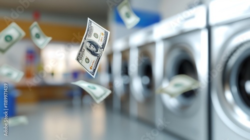 Laundromat profits money flying, washers background photo