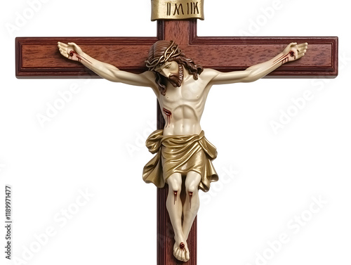 Jesus Christ Crucified on Wooden Cross with Passion and Redemption photo