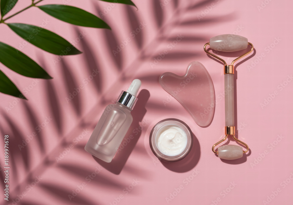 Skincare Essentials: Serum, Cream, and Gua Sha on Pink Background Skincare Essentials: Serum, Cream, and Gua Sha on Pink Background
