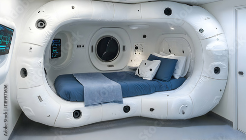 Futuristic sleep pod, room, therapy, relaxation, clinic photo