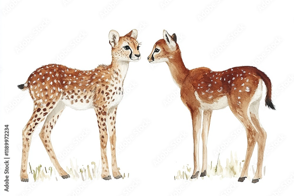 Obraz premium Two spotted young animals facing each other in a natural setting.
