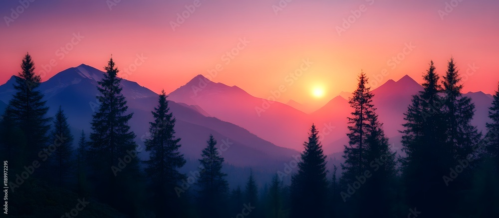 Majestic sunset over mountain range, silhouetted trees, hazy background, travel poster Majestic sunset over mountain range, silhouetted trees, hazy background, travel poster