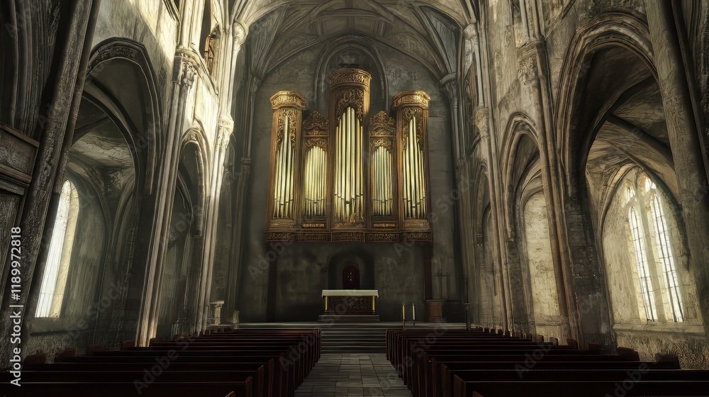 Fototapeta premium Ancient church interior with pipe organ