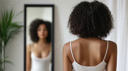 woman standing confidently in front of mirror, practicing self empowerment